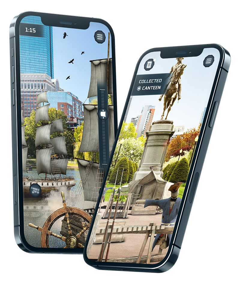 Two phones showing in-app moments from Echoes of Revolution: Boston: a swan boat scene at Boston Public Garden and an 18th-century ship at the harbour.