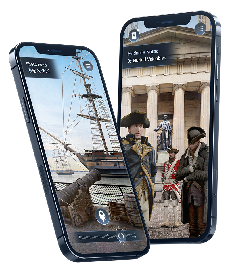 Phones showing in-app moments from Echoes of Revolution: NYC